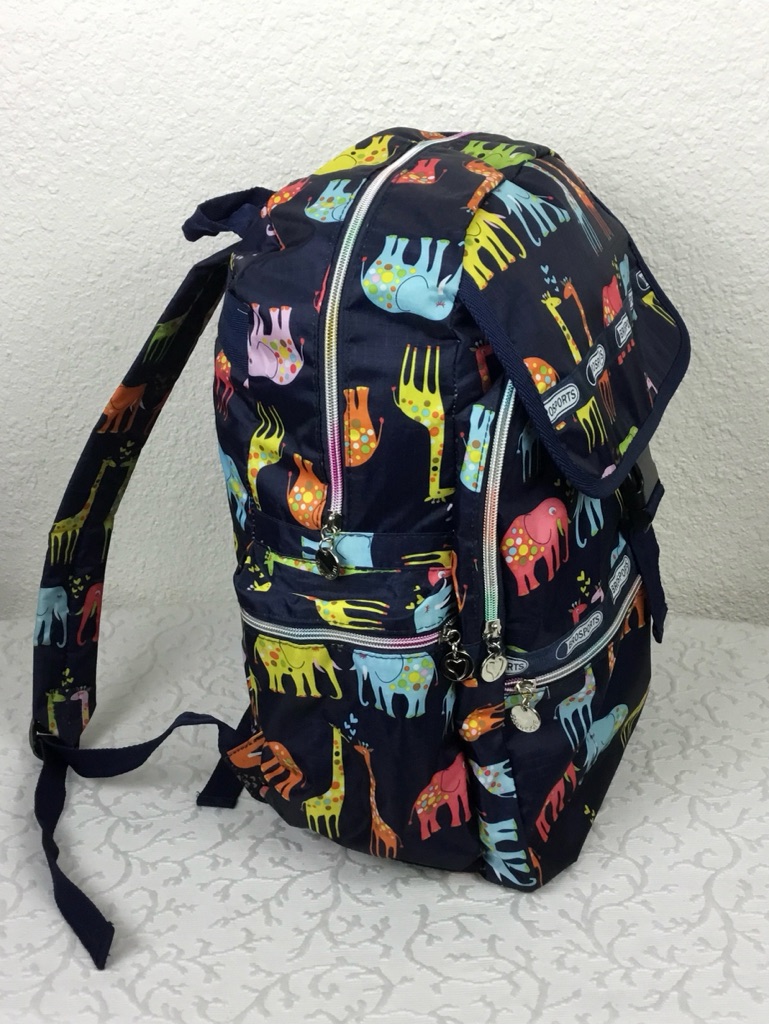 Colorful Giraffe & Elephant Print Navy Backpack